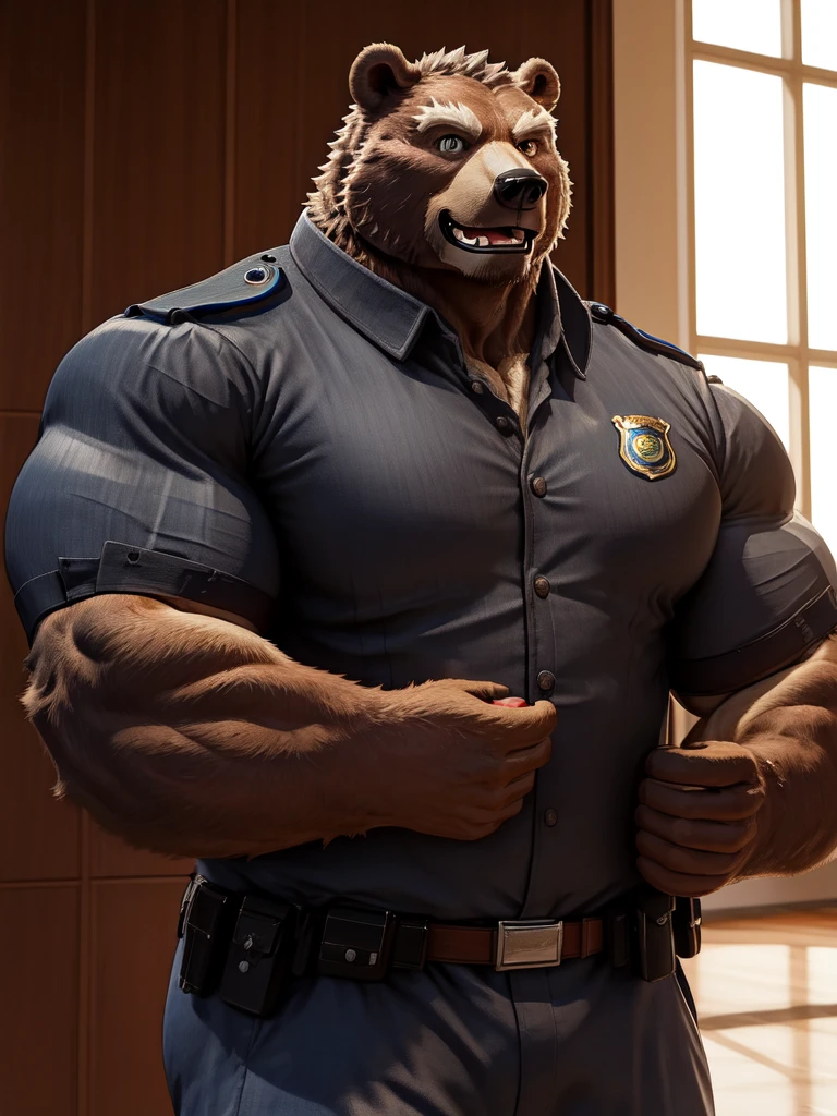 ((solo, one bear, 1man)), muscular bear wear working as police, police uniform, furry, an anthro (bear), an anthto, a old man big muscular, happy expression, extremely detailed muscle, detailed face, face, detailed eyes, eyes, detailed muscle, realistic rendering, CG realistic, 3d realistic, photography, background