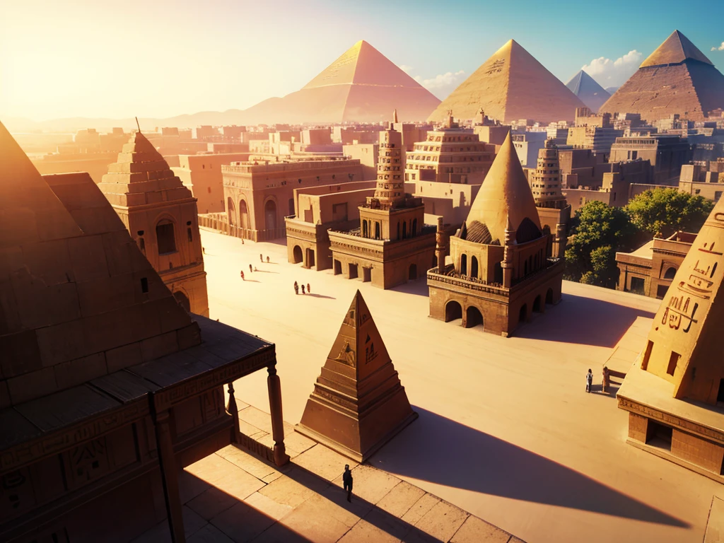 egypt city, tents, balcony, pyramid in the distance, day,