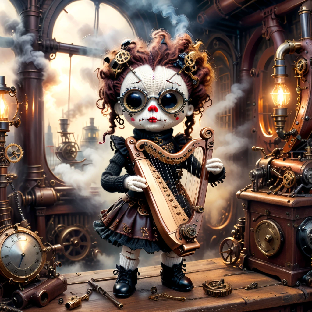 (voodoo doll playing knitted harp:1.2), (Voodoo Steampunk:1.3), (badass clothing: leather corset, aviator glasses, Gears and mechanical parts:1.0), (in the background steam engines, airships and Victorian buildings:1.2), best qualityer, work of art, detailed soft oil painting, detailed back ground, dramatic cinematic lighting, soft edge lighting, proffesional, dramatic lighting, hard edge lighting, ultra quality, 4K, work of art, best qualityer, 8K, ultra high definition, high resolution, extremely detaild, perfect details of the harp.