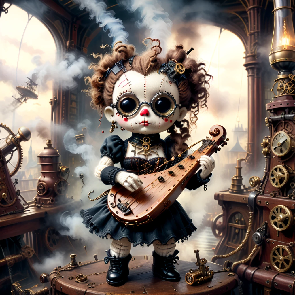 (voodoo doll playing knitted harp:1.2), (Voodoo Steampunk:1.3), (badass clothing: leather corset, aviator glasses, Gears and mechanical parts:1.0), (in the background steam engines, airships and Victorian buildings:1.2), best qualityer, work of art, detailed soft oil painting, detailed back ground, dramatic cinematic lighting, soft edge lighting, proffesional, dramatic lighting, hard edge lighting, ultra quality, 4K, work of art, best qualityer, 8K, ultra high definition, high resolution, extremely detaild, perfect details of the harp.