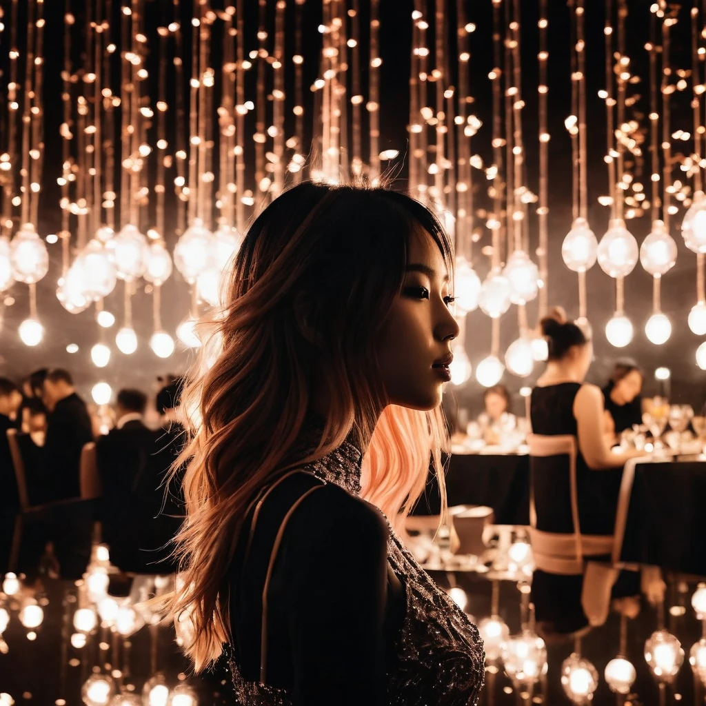 high quality, 8K Ultra HD, A beautiful double exposure that combines ((Black ink diffusing in water silhouette)) , with a beautiful French-Chinese girl,21yo, windy tousling her rose gold straight hair among the photo flashlights in gala dinner party should serve as the underlying backdrop, with its details incorporated into the luxurious event, musical band background, The background is monochrome, sharp focus, double exposure, awesome full color,
