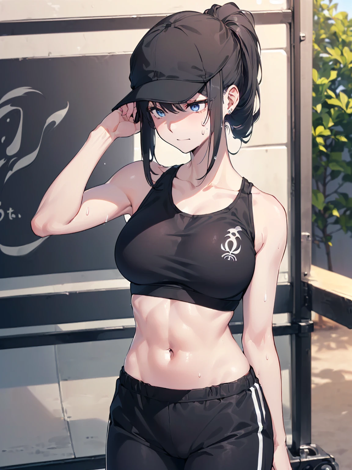 (Sweat, White skin:1.5、Light gray sports bra, Black stained clothing:1.5), cameltoe, Brand logo on the bra, Fitness, Bodybuilding Poses, ((ブラにSweat染み:1.5, Sweatで濡れている, Sweat染み, black sblot on グレースポーツブラ:1.5)),Big Breasts, Sturdy body