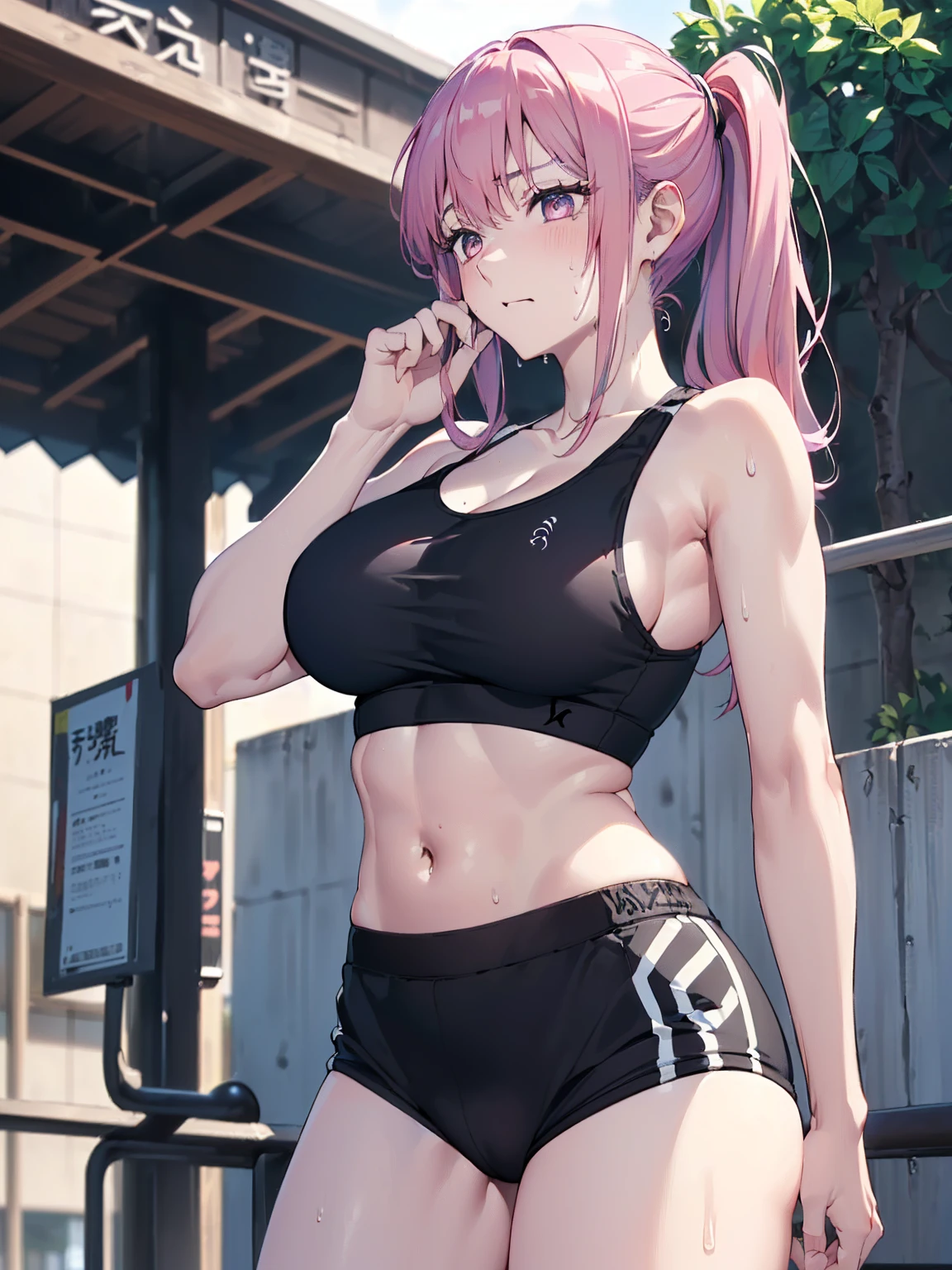 (Sweat, White skin:1.5、Light gray sports bra, Black stained clothing:1.5), cameltoe, Brand logo on the bra, Fitness, Bodybuilding Poses, ((ブラにSweat染み:1.5, Sweatで濡れている, Sweat染み, black sblot on グレースポーツブラ:1.5)),Big Breasts, Sturdy body