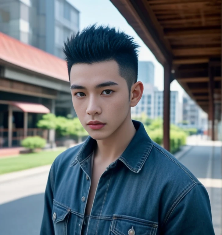 ผู้ชายMohawk hairฮาราฟมองที่กล้อง, have a round face, Mohawk hair, ชายชาวเอเชียตะวันออกเฉียงใต้ที่have a round face, Profile picture, charming anime, Mohawk hair,black short hair, stereoscopic 8k,45 high quality colored lights,000,000,000 pixels, photo, post-trade photo, animation, Beautiful, realistic portraits in comfortable poses, Anime Asian man in real life, Handsome man with perfect body,Wear a jeans shirt., Freestyle photo of a handsome young man, beautiful asian man, The character is in her natural pose.,