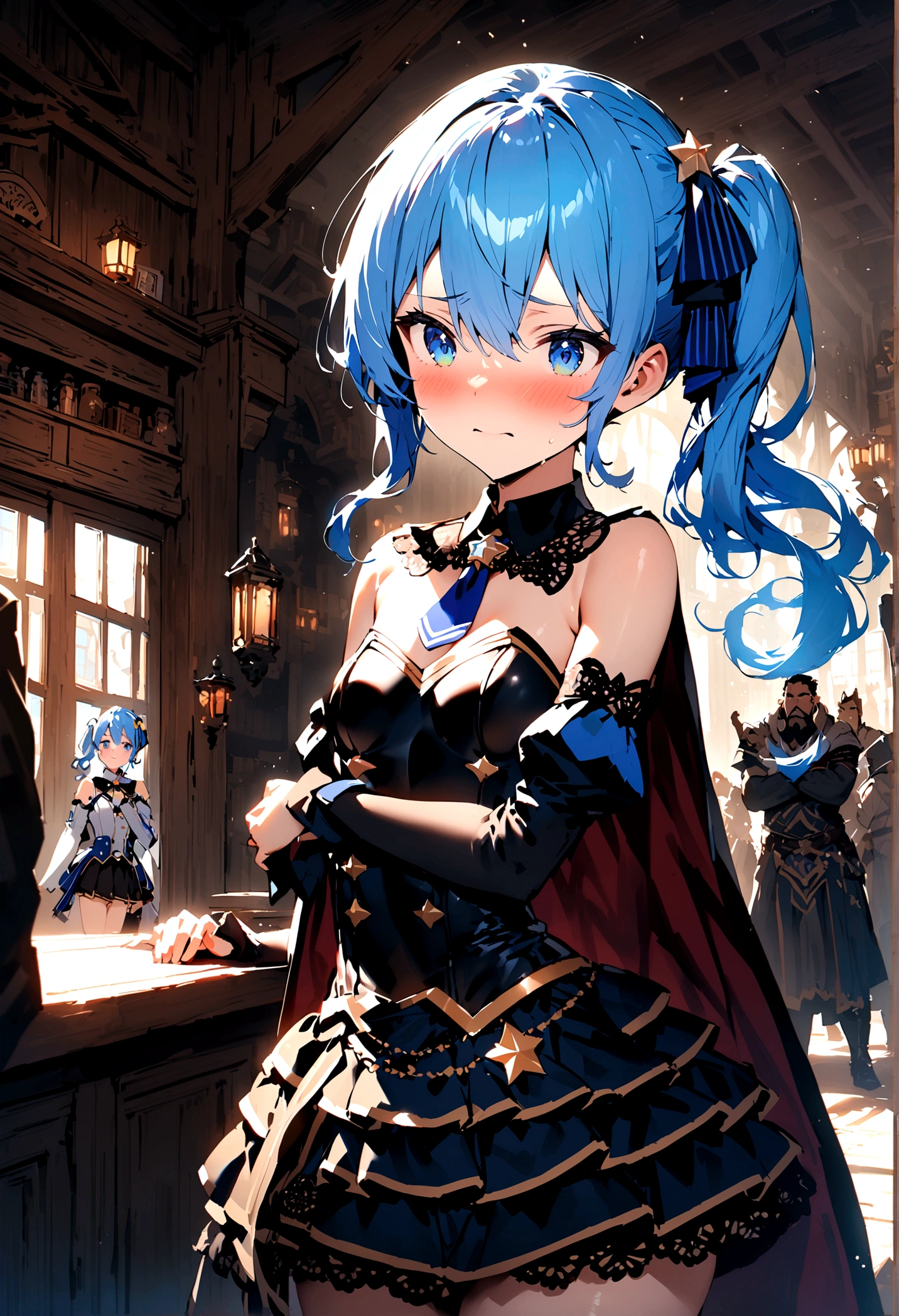 NSFW,masterpiece,Highest quality,High resolution,Super detailed,Star Town Suisei\(Hololive\),Blue Hair,One Side Ponytail,Blue Eyes,Small breasts,leotard,Removable sleeves,Micro Mini Skirt,Cape,Fantasy World,inn,Reception counter,Embarrassed,blush,Expecting face,(Strong-faced men),A man puts his hands on her waist and hugs her