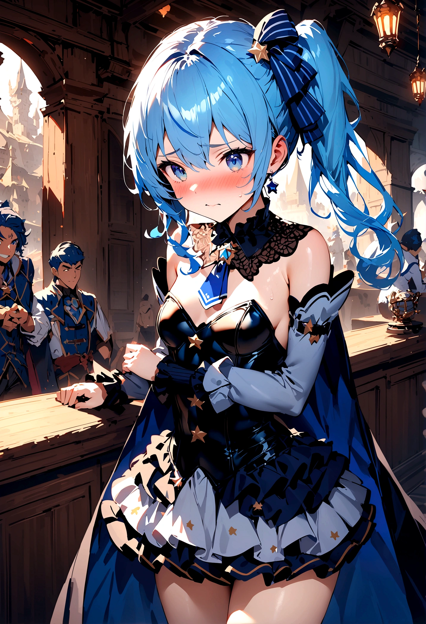 NSFW,masterpiece,Highest quality,High resolution,Super detailed,Star Town Suisei\(Hololive\),Blue Hair,One Side Ponytail,Blue Eyes,Small breasts,leotard,Removable sleeves,Micro Mini Skirt,Cape,Fantasy World,inn,Reception counter,Embarrassed,blush,Expecting face,(Strong-faced men),A man puts his hands on her waist and hugs her