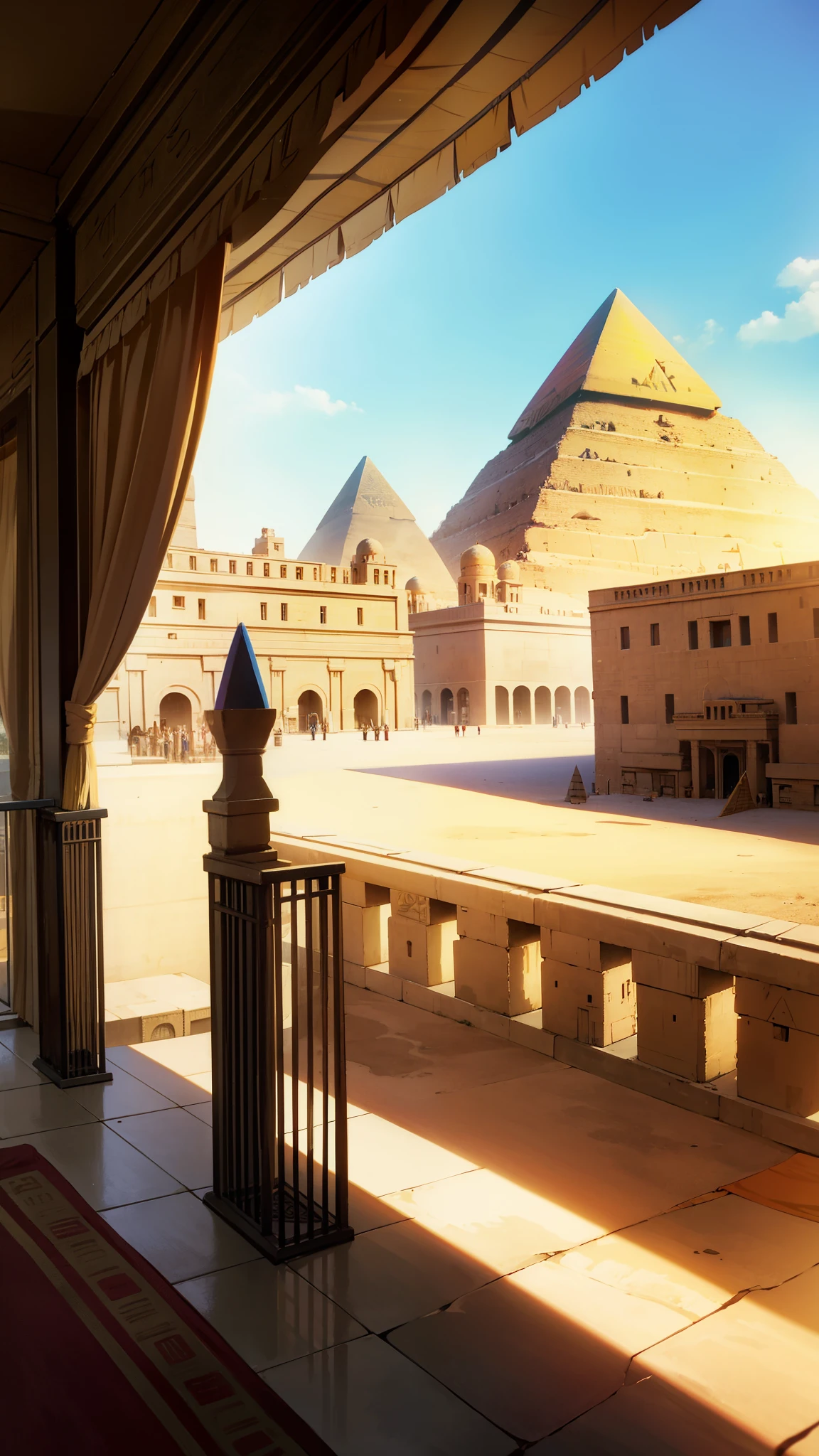 egypt city, tents, balcony, pyramid in the distance, day,