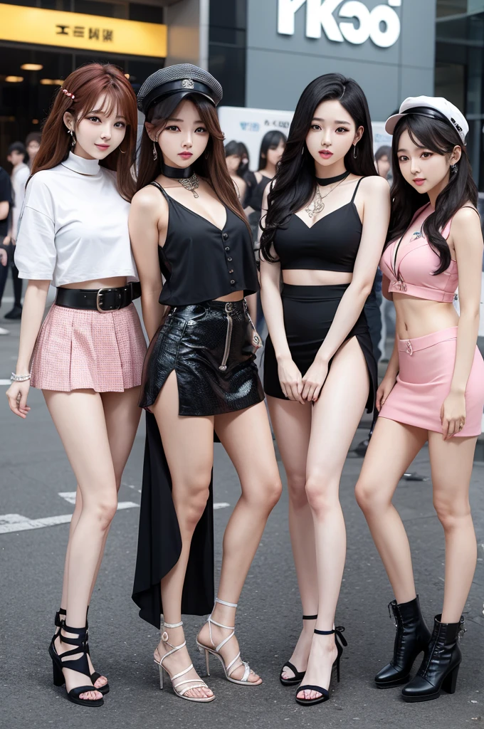 Pink and vibrant colors, (multicolored hairs), Cyberpunk 25, perfection, smile, Brooklyn Bridge, Short short skirt, heavy metal inspired, White and gold crop top, heavy makeup, (fashionable mode girl:1.1), (artistic composition photo:1.3), Three adult woman are posing in the classroom, Leather protection on the left arm with intricate graphics, Dark red with white stars and white and navy checkered pattern, intricate design, tattoos, piercings, rainbow colored bangs, (chubby),