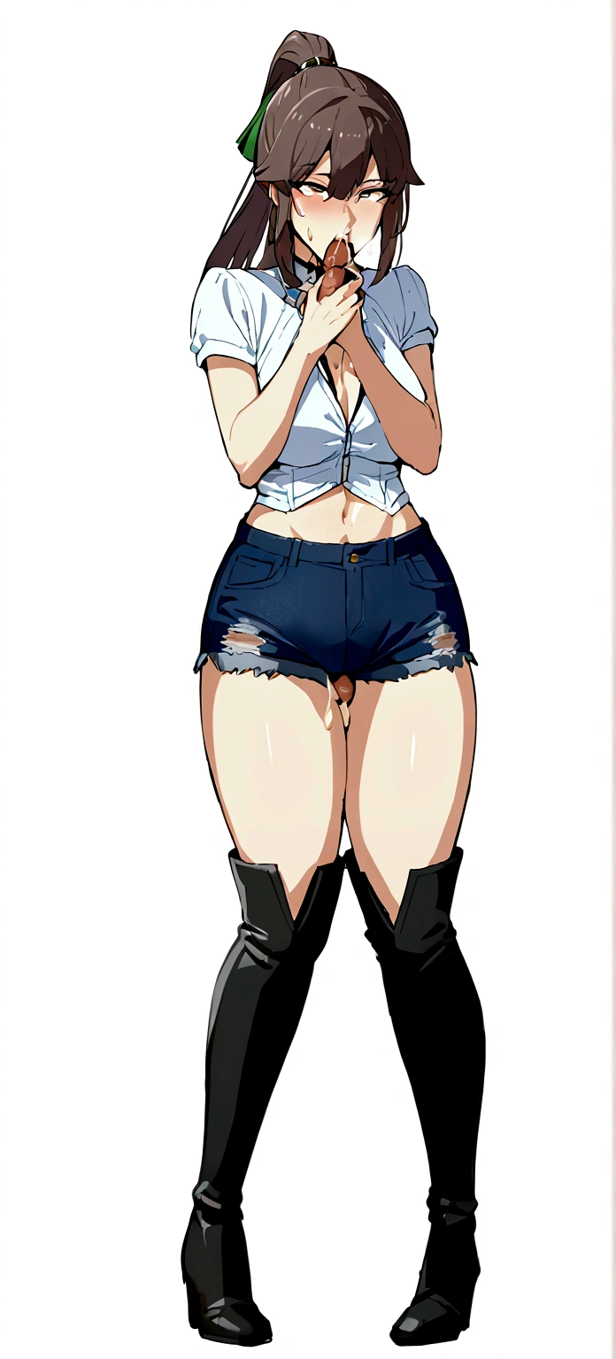 male,penis,Sexy Woman,ponytail,Cum in mouth,deep throat ,Black thigh-high boots,Jeans Shorts,Penis in my mouth,Oho face