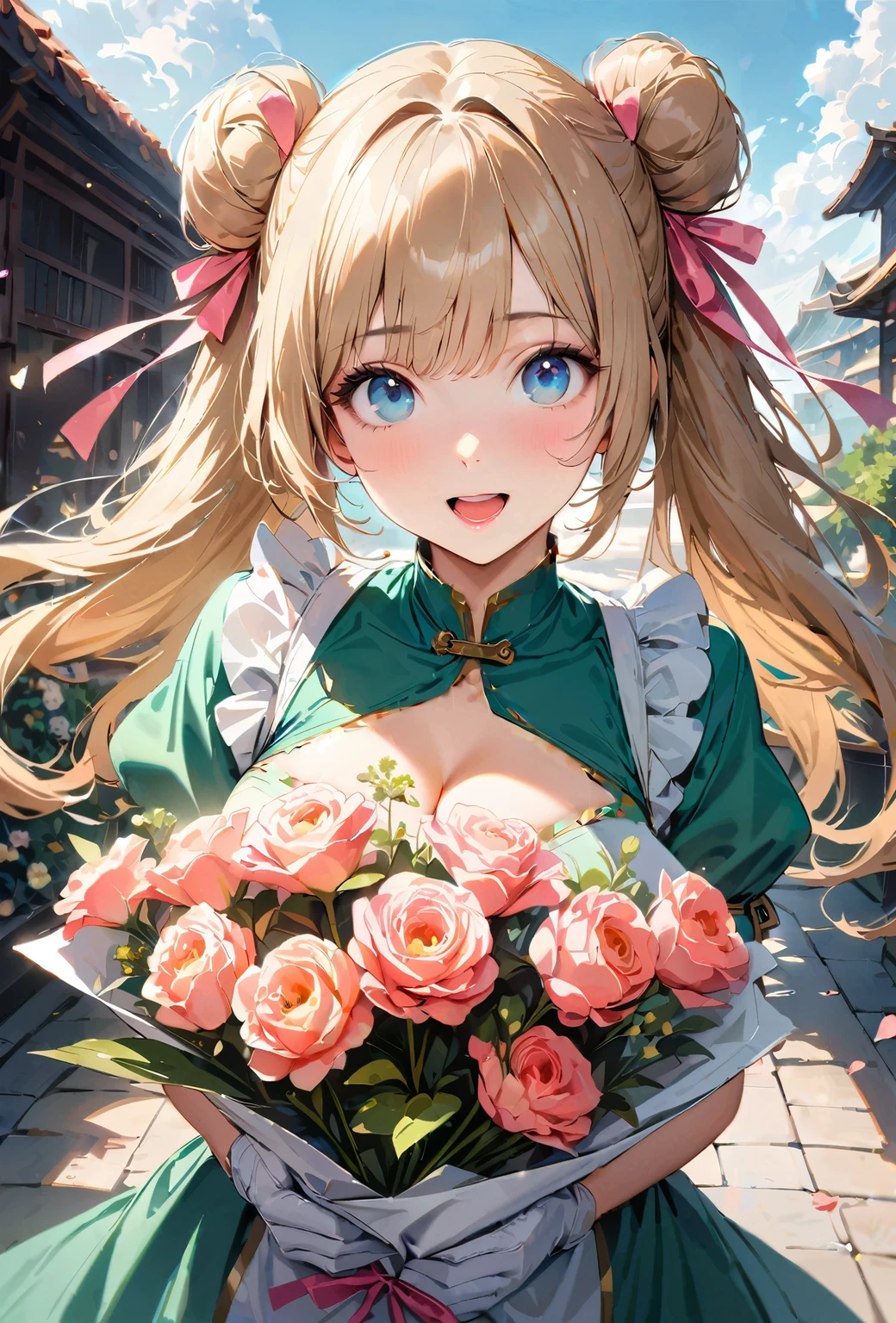 Long blonde hair anime girl holding a bouquet, everyone, Gwaiz on pixiv artstation, Splash Art Anime , Best anime 4k konachan wallpaper, , Anime Style 4k, Gwaiz on artstation pixiv, Gwaiz, anime art wallpaper 4k, anime art wallpaper 4k、Pink piping