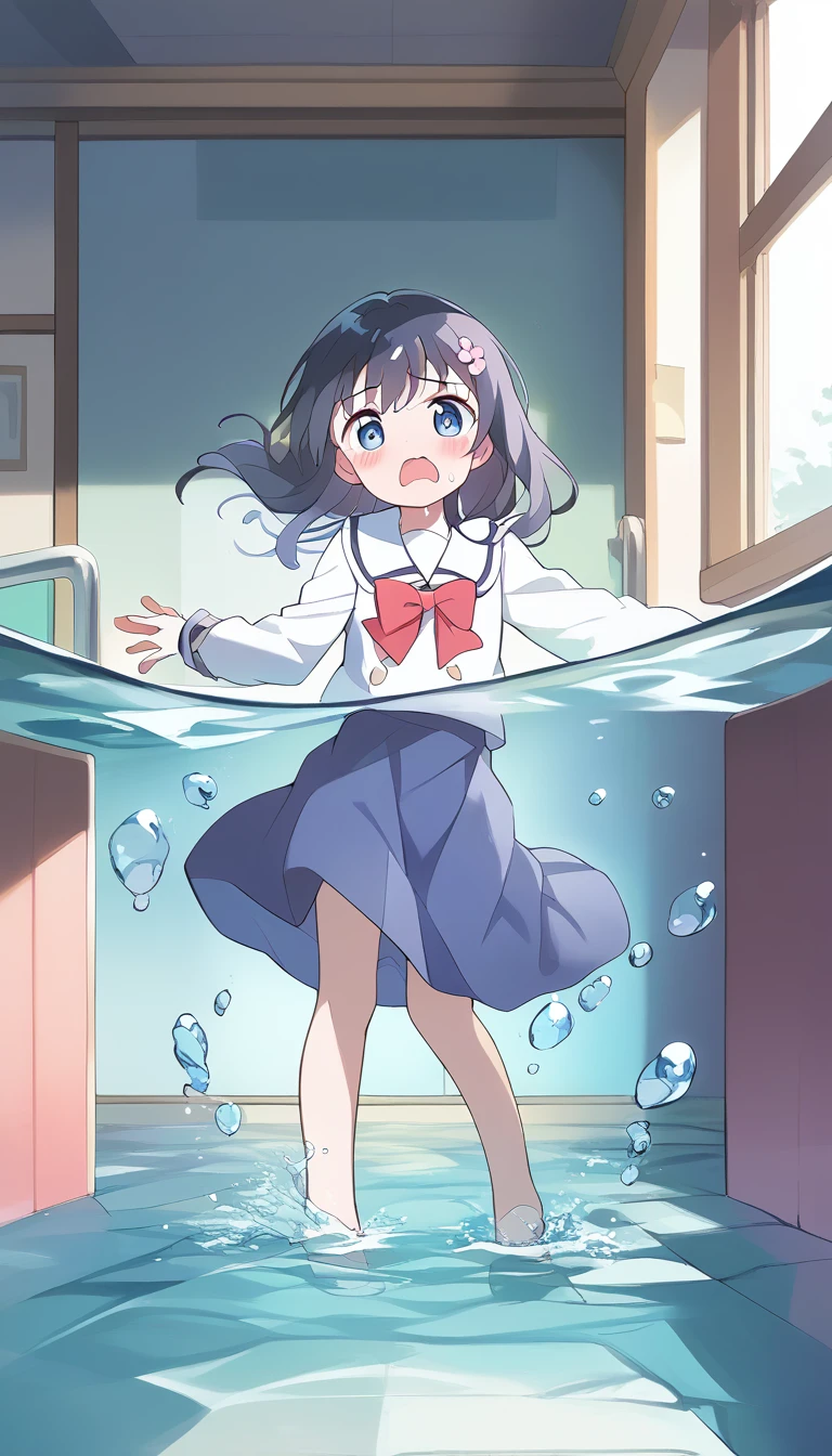 score_9, score_8_up, score_7_up, source_アニメ, masterpiece, 1girl, (work), blue dress, white sailor collar, red bowtie, white long sleeves, full body, looking at viewer, indoors, open mouth, Water Play, Primary school students、(Skirt fully open)、Long wide skirt、cute、(White underwear)、blush、Watery eye、Lots of water、Wet、(The skirt spreads over the water surface.)、(Drowning)、Underwater Shot Of The Swimming pool
