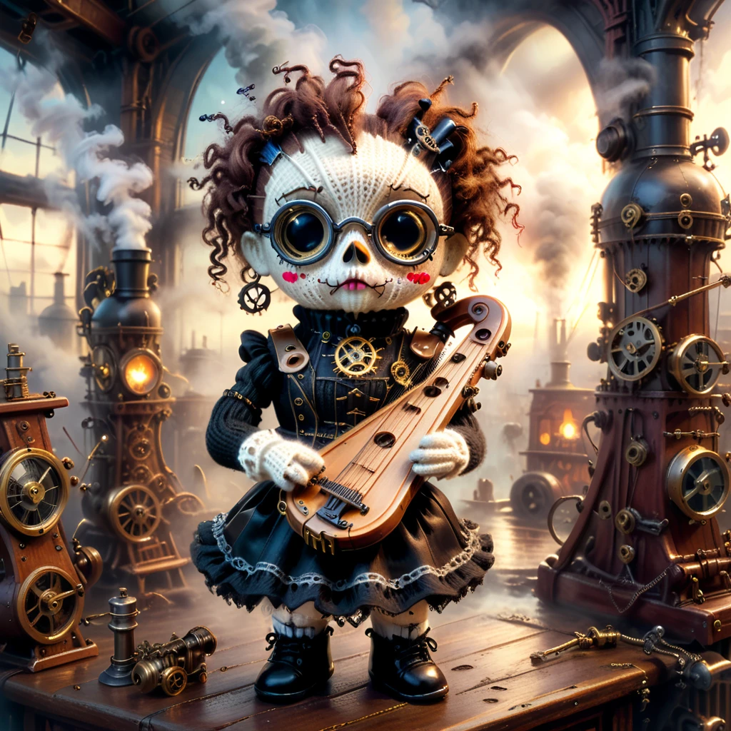 (voodoo doll playing knitted harp:1.2), (Voodoo Steampunk:1.3), (badass clothing: leather corset, aviator glasses, Gears and mechanical parts:1.0), (in the background steam engines, airships and Victorian buildings:1.2), best qualityer, work of art, detailed soft oil painting, detailed back ground, dramatic cinematic lighting, soft edge lighting, proffesional, dramatic lighting, hard edge lighting, ultra quality, 4K, work of art, best qualityer, 8K, ultra high definition, high resolution, extremely detaild, perfect details of the harp.