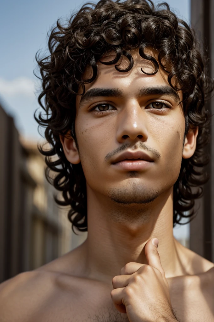 A boy with black-curly hair, foxy-golden eyes and two moles on his lips.