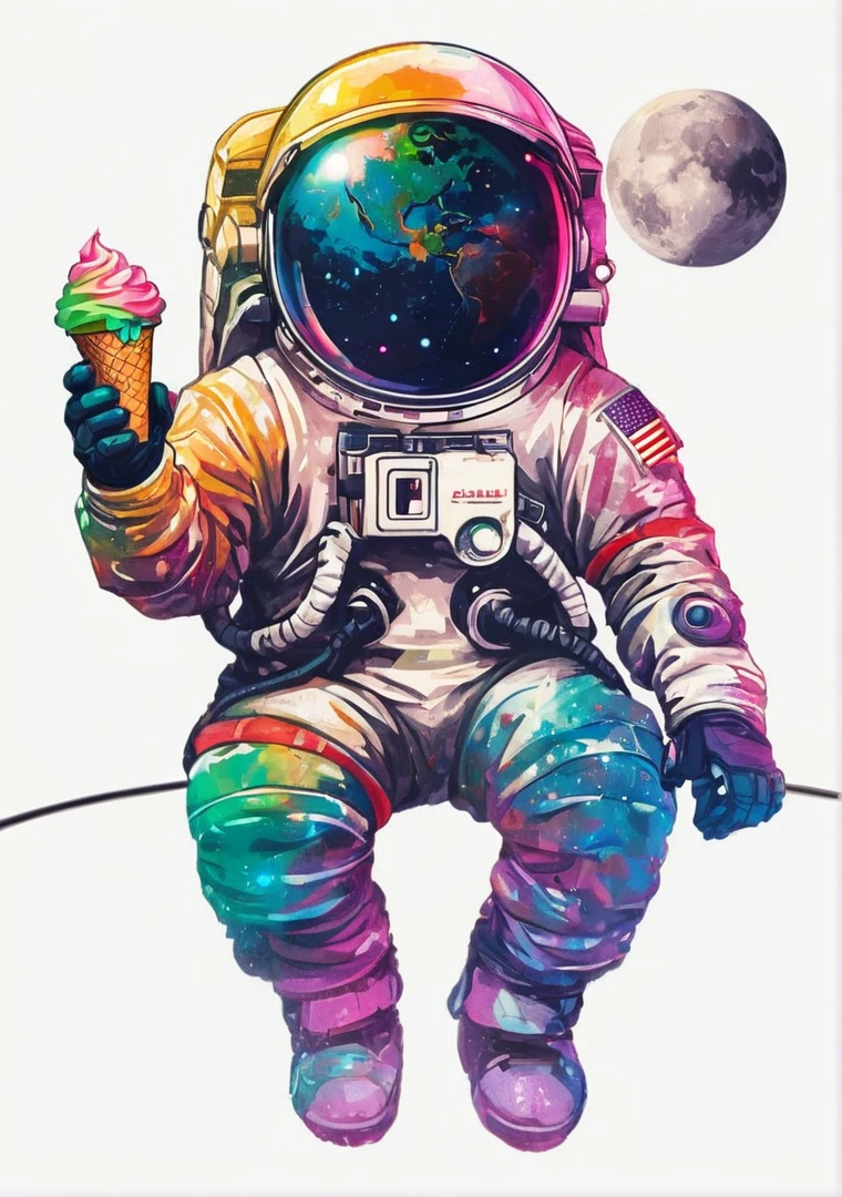 Astronauta with ice cream cone and planets in background, cute Astronauta sticker art, espaço colors, inspirado em NEVERCREW, Astronauta, detailed Astronauta, Astronauta, só uma piada, Beeple e Jeremiah Ketner, ilustração colorida, cósmico e colorido, espaço themed, in espaço, ilustração colorida, espaço walk, Na Lua, espaço, Inspirado por Cirilo Rolando