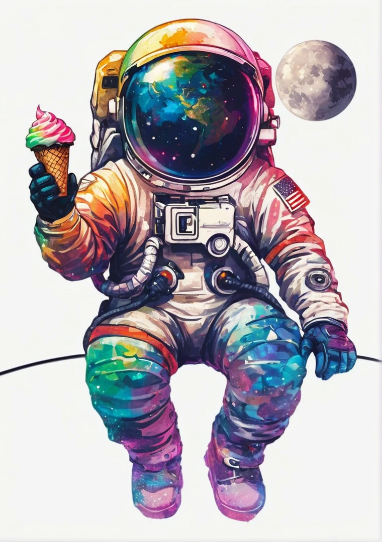 Astronauta with ice cream cone and planets in background, cute Astronauta sticker art, espaço colors, inspirado em NEVERCREW, Astronauta, detailed Astronauta, Astronauta, só uma piada, Beeple e Jeremiah Ketner, ilustração colorida, cósmico e colorido, espaço themed, in espaço, ilustração colorida, espaço walk, Na Lua, espaço, Inspirado por Cirilo Rolando