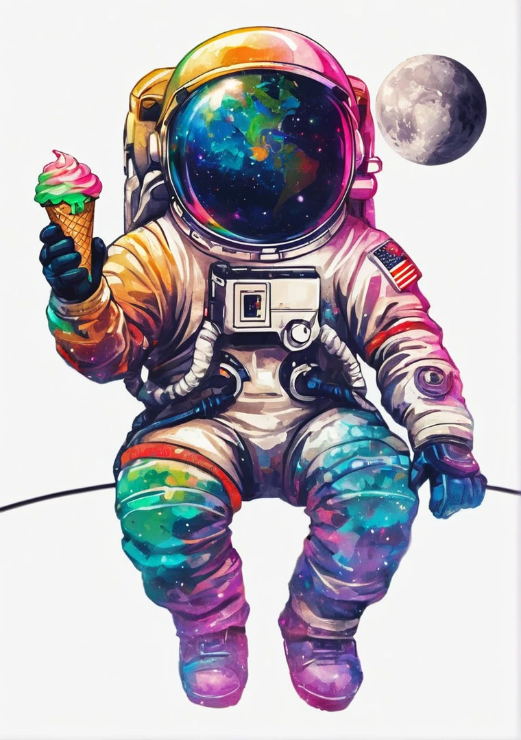 Astronauta with ice cream cone and planets in background, cute Astronauta sticker art, espaço colors, inspirado em NEVERCREW, Astronauta, detailed Astronauta,  Astronauta, só uma piada, Beeple e Jeremiah Ketner, ilustração colorida, cósmico e colorido, espaço themed, in espaço, ilustração colorida, espaço walk, Na Lua, espaço, Inspirado por Cirilo Rolando