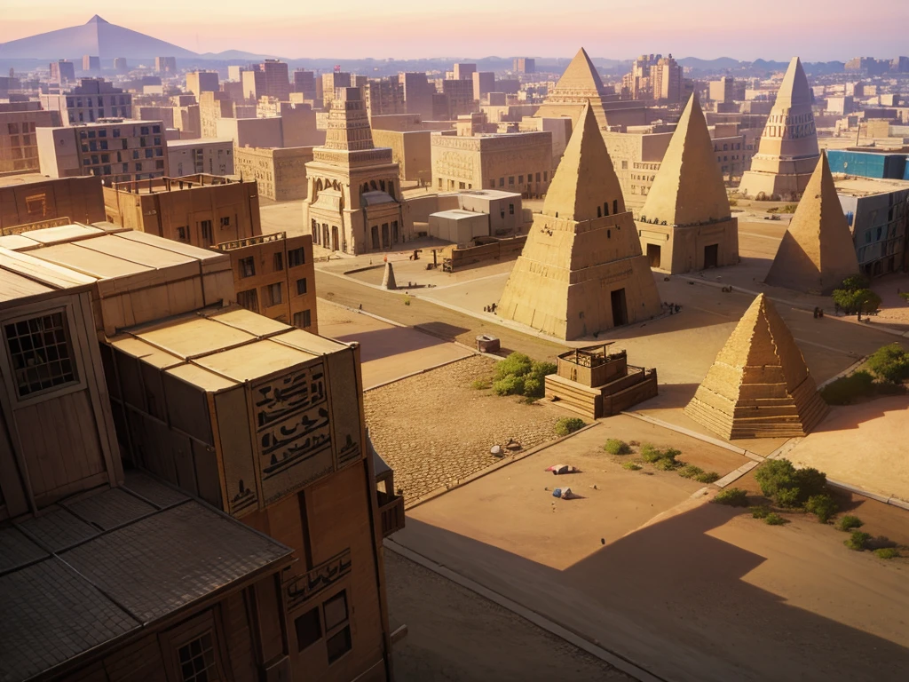 egypt city, tents, street, pyramid in the distance, day,