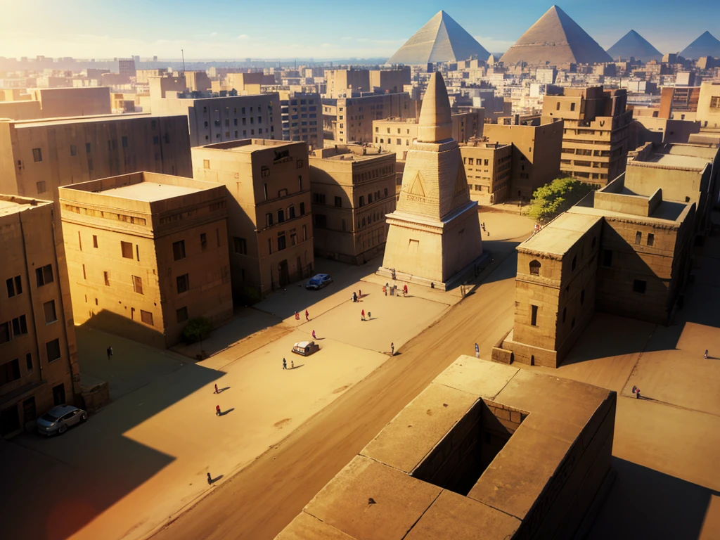 egypt city, tents, street, pyramid in the distance, day,