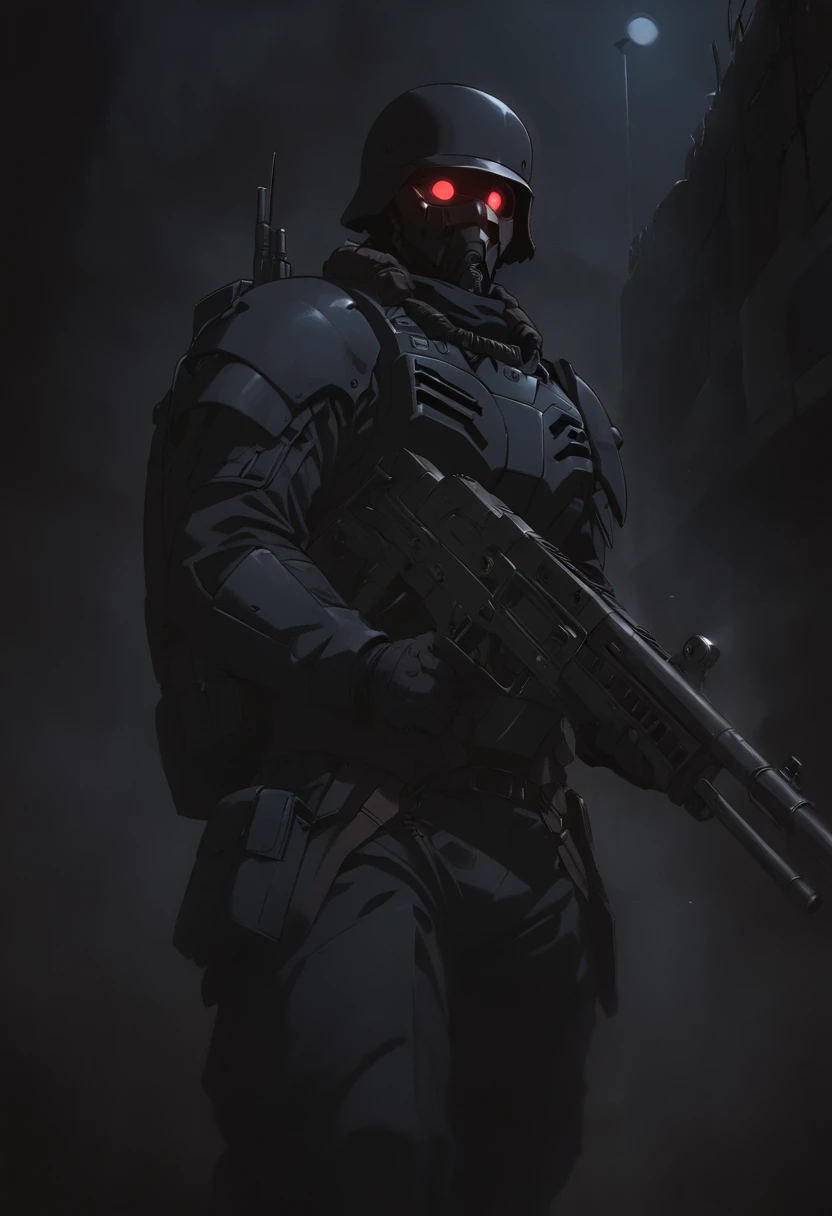 jin-roh!,1 boy,glowing,cowboy shot,strong,round eyes,backpack,no pupils,radio antenna,red eyes,dark,low-key,night,shadow,
sewer,walking,holding gun,heavy machine gun,from below,aiming at viewer,close-up,, cinematic light,masterpiece,best quality,very aesthetic,absurdres,incredibly absurdres,explit,NSFW,