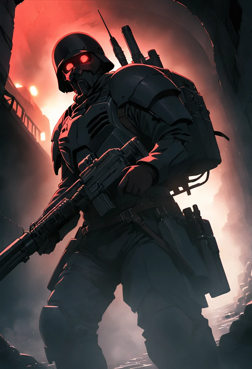 jin-roh!,1 boy,glowing,cowboy shot,strong,round eyes,backpack,no pupils,radio antenna,red eyes,dark,low-key,night,shadow,
sewer,walking,holding gun,heavy machine gun,from below,aiming at viewer,close-up,, cinematic light,masterpiece,best quality,very aesthetic,absurdres,incredibly absurdres,explit,NSFW,