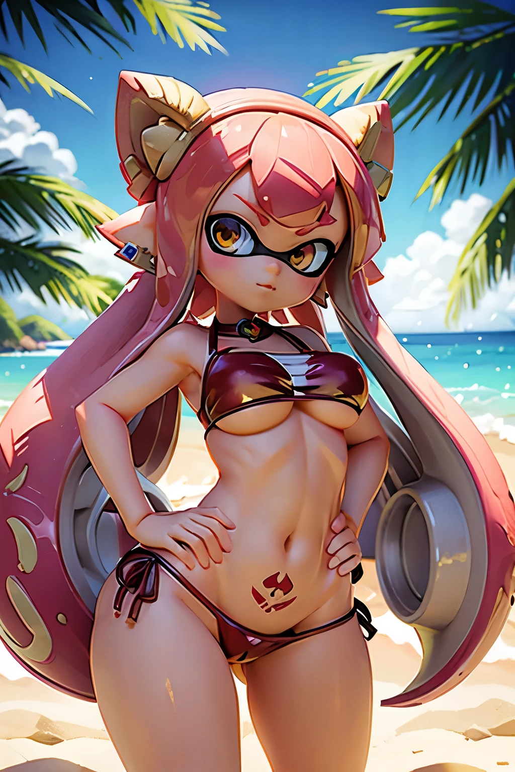((Highest quality)), ((masterpiece)), (detailed), Perfect Face, ((Highest quality, 8k, masterpiece: 1.3)), Real Anime、3d、Splatoon Girl、Sharp focus Beautiful woman with perfect body, Slim abdomen, Highly detailed face and skin texture, detailedな目、Golden Eyes, Open Mouth Smile, blush、Multicolored tentacle hair、 ponytail、big heart earrings, ((Race Queen)), gigantic breast、Cleavage、FI turns around, Background Beach, Shark shaped boat、Leaning on the boat、(((Dynamic pose for blowing a kiss)))、((Boat racing))、ビキニのRace Queenコスチューム, Sunburned skin, Brown Skin