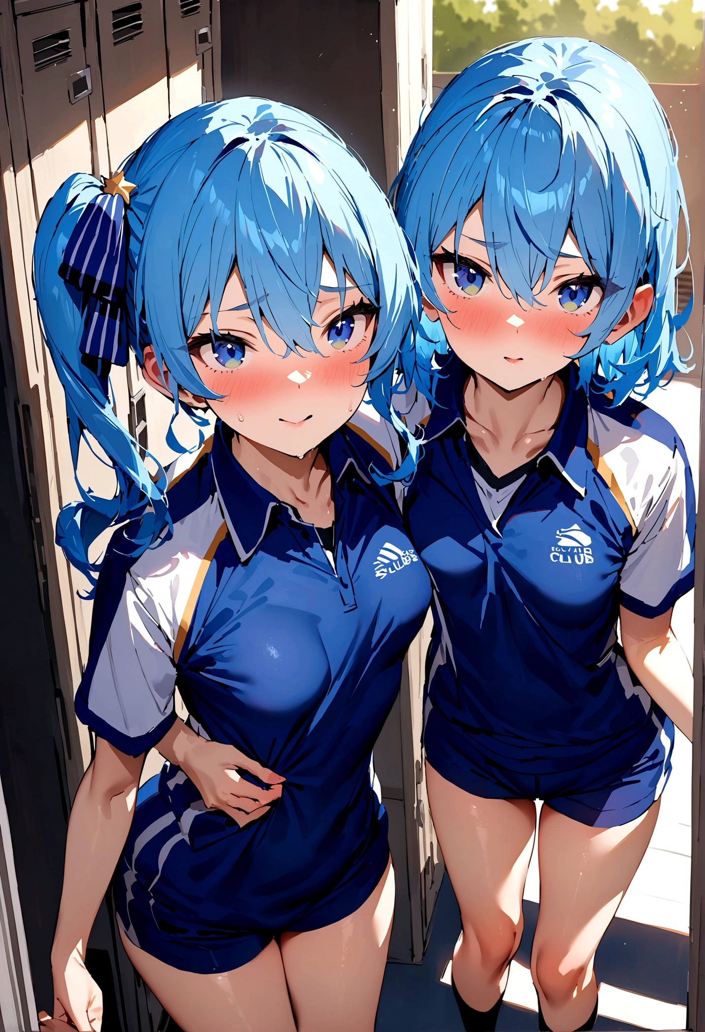 NSFW,masterpiece,Highest quality,High resolution,Super detailed,Star Town Suisei\(Hololive\),Blue Hair,One Side Ponytail,Blue Eyes,Small breasts,Track and field club,uniform,School,locker room,Seduce,Expecting face
