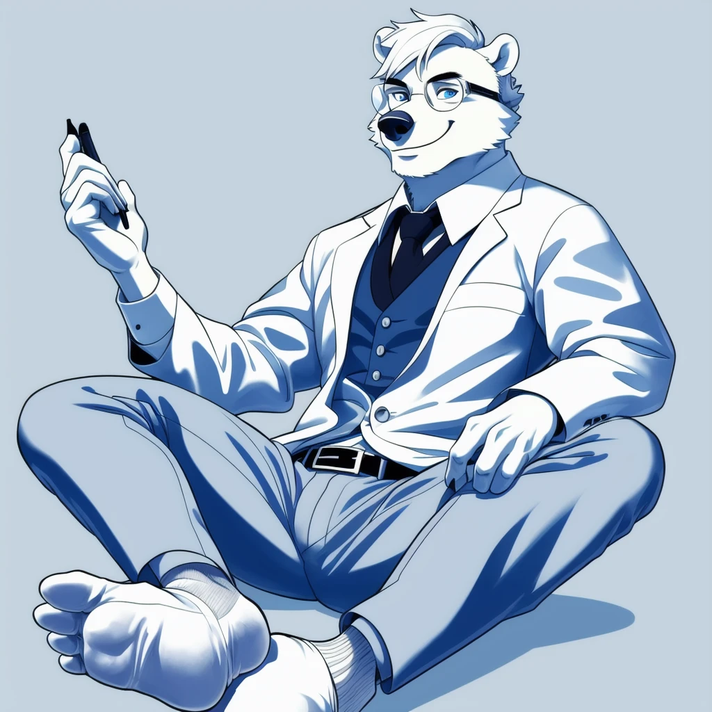polar bear dad male office suit white shirt slighly well built , blue eyes glasses, head crest white hair, levitating relaxing spread legs, feet with white ankle sock, disney profile, drawing lineart full body shading evil smug , kemono , detailed eyes , high quality ,