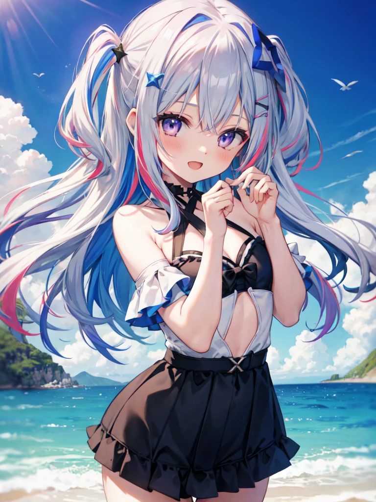 1girl, long hair, multicolored hair, official alternate hair length, grey hair, colored inner hair, blue hair, purple eyes, halo, star halo, hair ornament, looking at viewer, bangs, open mouth, two side up, frills, hairclip, cowboy shot, sea, bikini, smile, sexy pose, one-piece , swimsuit