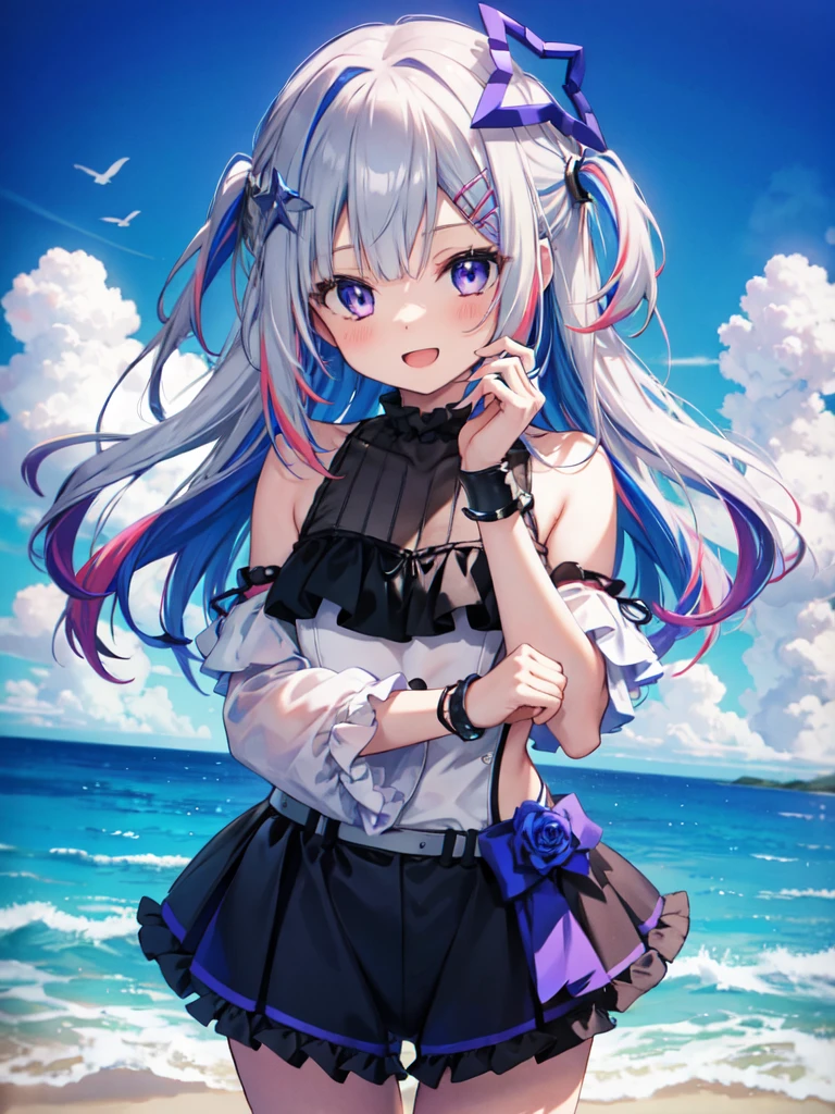 1girl, long hair, multicolored hair, official alternate hair length, grey hair, colored inner hair, blue hair, purple eyes, halo, star halo, hair ornament, looking at viewer, bangs, open mouth, two side up, frills, hairclip, cowboy shot, sea, bikini, smile, sexy pose, one-piece , swimsuit