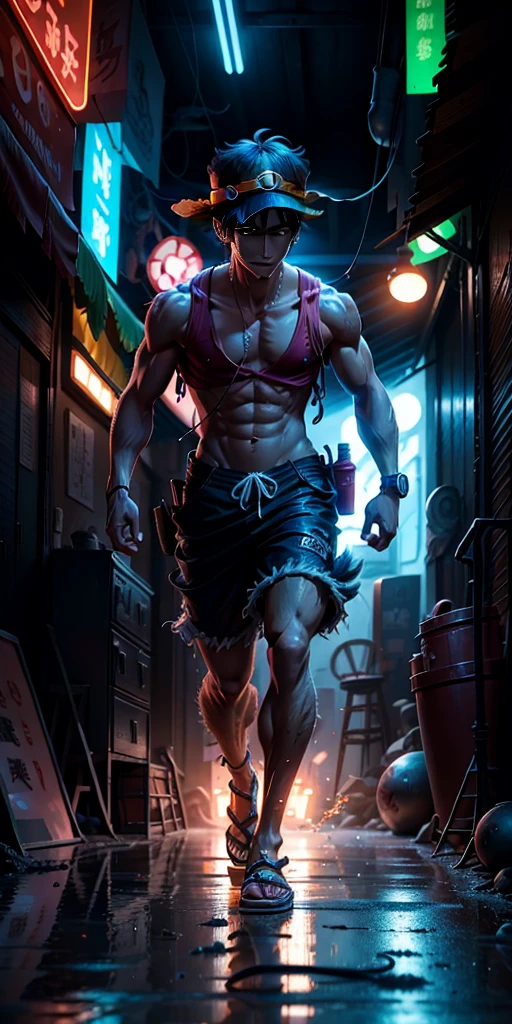 Dicas: foto de corpo inteiro, design de personagem do jogo, Bruce Lee jogos mortais, bruce lee,Walking towards the camera, open and closed hands, smoke billowing, olhos detalhados, roupa, personagem Hokuto Shinken, Kenjiro, Bruce Lee's Dog, luz lateral superior, numa sauna deserta (distant view, profundidade de campo borrada), perspectiva de frente - AR 10:16 - Expression of style.