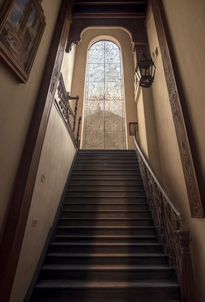 staircase, staircase to the top, door with light at the end of the stairs, clear environment, peaceful environment, vegetation-free environment, staircase on the wall, (Foto RAW, real, best qualityer, Masterpiece artwork: 1.2), (Hiper realisitic, realisitic: 1.2), high qualiy, perfect lighting, Lightroom, 35mm films, cinemactic, dimmed colors, dark shot, Muted colours, grainy film, lute, insane details, Intricate details, luz do entardecer, well-lit afternoon.