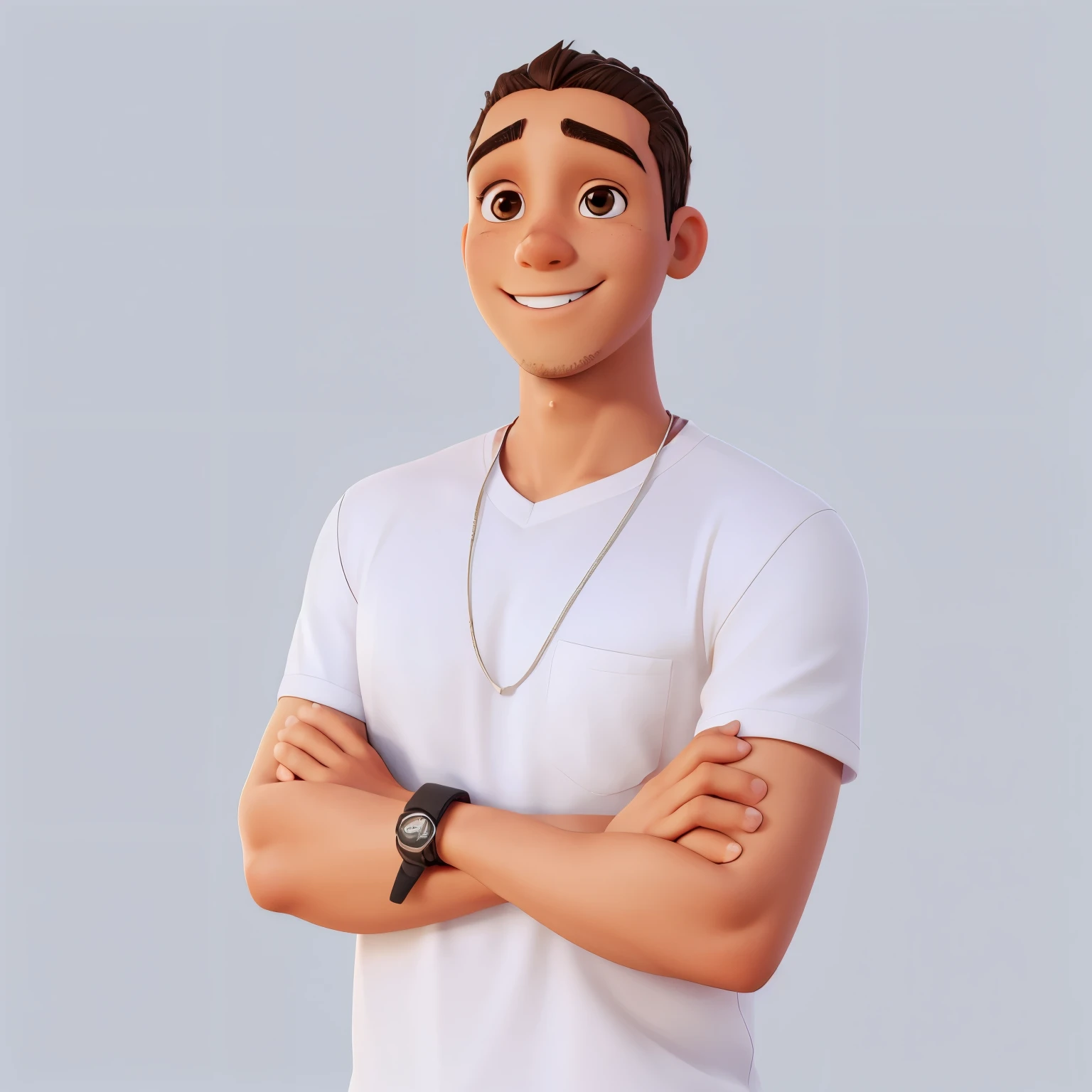 A young man, appears to be 23 years old, smiling, eyeballs: brown, Midfielders, almond shape.
eyebrows: Thick and well defined, ligeiramente arqueadas.
gura: thin lips, neutral expression with a slight confident smile.
ears: average size, well positioned.
body hair: 小柄, blackw, Crespo, Well trimmed.
Facial Features: fair brown-skinned, no visible marks or scars