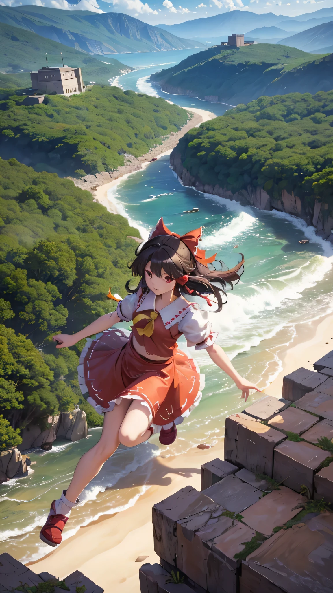 solo 1 girl view, TouHou project, An adventure girl Reimu, which due to a curse has been transformed into Kedama, a little ball of hair, having to fight waves of enemies, an isometric perspective with both ranged attacks and hand-to-hand combat, being able to turn into different monsters, random angle.,(all realistic intricate details)