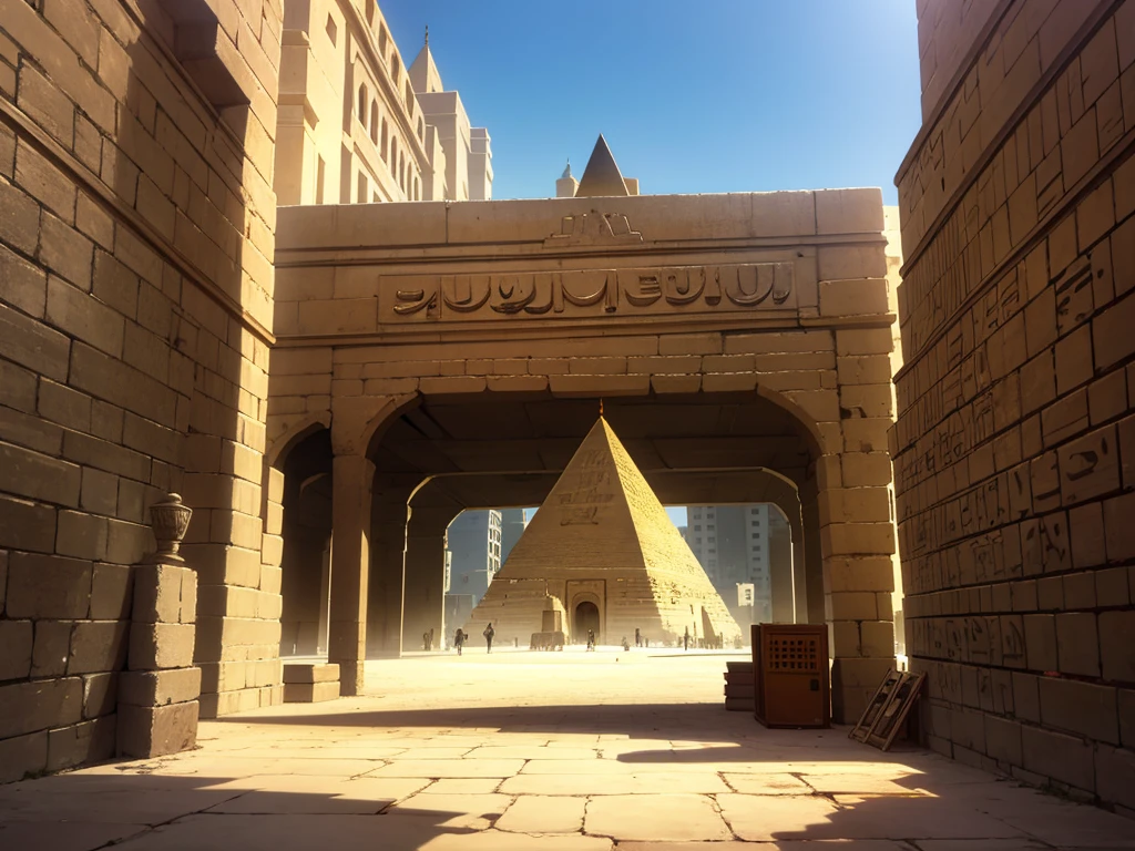 inside of a egypt city, tents, street, pyramid in the distance, day,