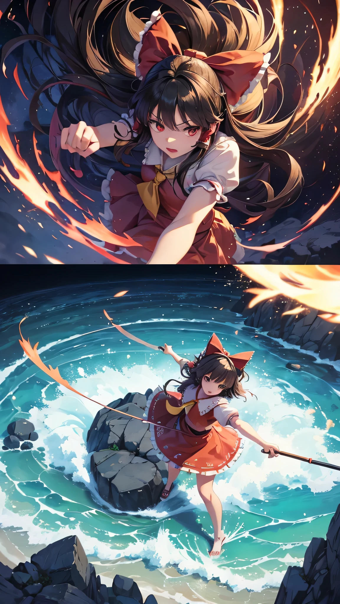 solo 1 girl view, TouHou project, An adventure girl Reimu, which due to a curse has been transformed into Kedama, a little ball of hair, having to fight waves of enemies, an isometric perspective with both ranged attacks and hand-to-hand combat, being able to turn into different monsters, random angle.,(all realistic intricate details)