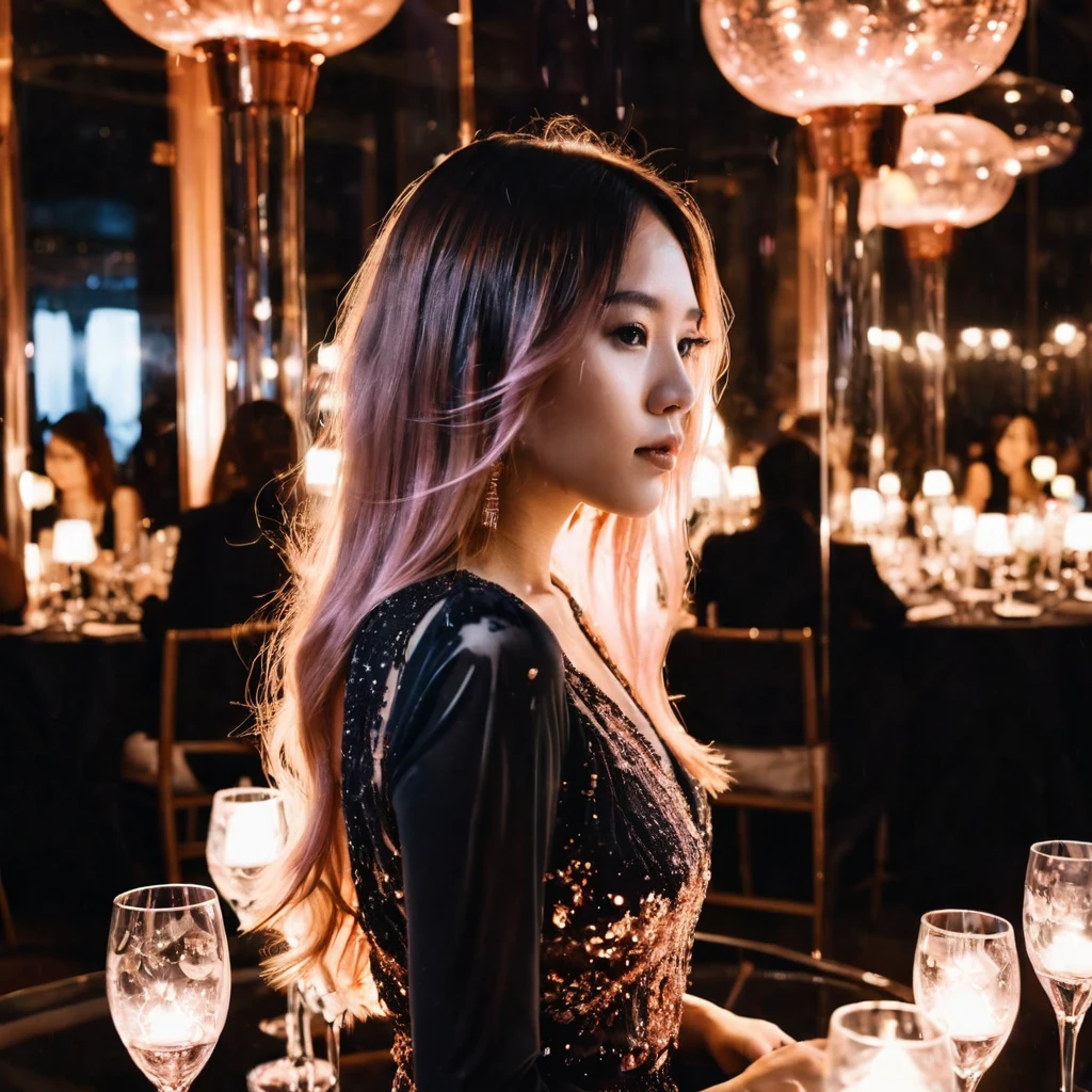 high quality, 8K Ultra HD, A beautiful double exposure that combines ((Black ink diffusing in water silhouette)) , with a beautiful French-Chinese girl,21yo, windy tousling her rose gold straight hair among the photo flashlights in gala dinner party should serve as the underlying backdrop, with its details incorporated into the luxurious event, musical band background, The background is monochrome, sharp focus, double exposure, awesome full color,