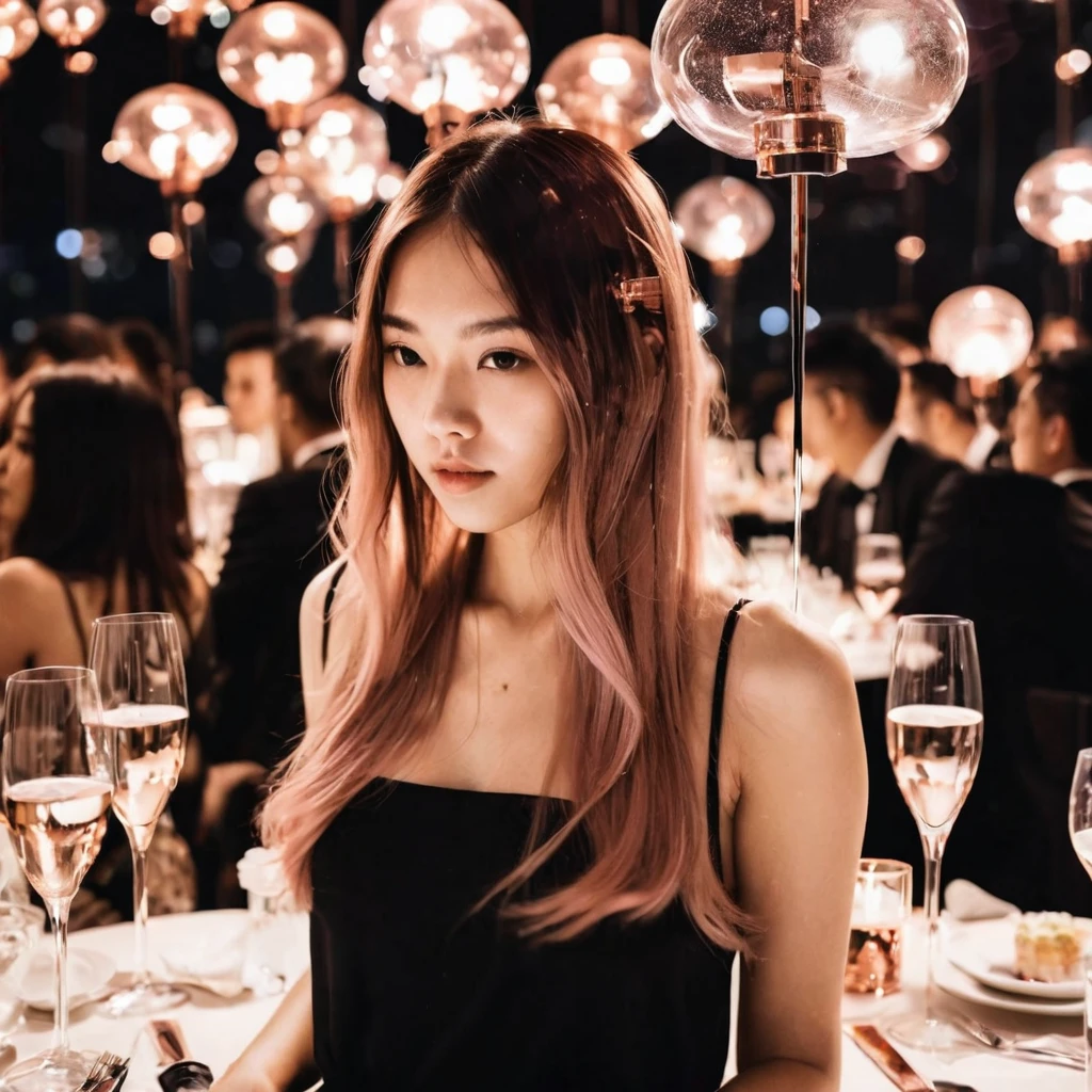 high quality, 8K Ultra HD, A beautiful double exposure that combines ((Black ink diffusing in water silhouette)) , with a beautiful French-Chinese girl,21yo, windy tousling her rose gold straight hair among the photo flashlights in gala dinner party should serve as the underlying backdrop, with its details incorporated into the luxurious event, musical band background, The background is monochrome, sharp focus, double exposure, awesome full color,