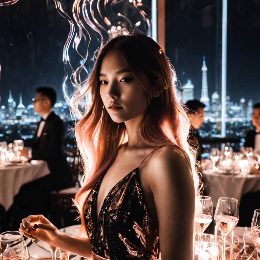 high quality, 8K Ultra HD, A beautiful double exposure that combines ((Black ink diffusing in water silhouette)) , with a beautiful French-Chinese girl,21yo, windy tousling her rose gold straight hair among the photo flashlights in gala dinner party should serve as the underlying backdrop, with its details incorporated into the luxurious event, musical band background, The background is monochrome, sharp focus, double exposure, awesome full color,