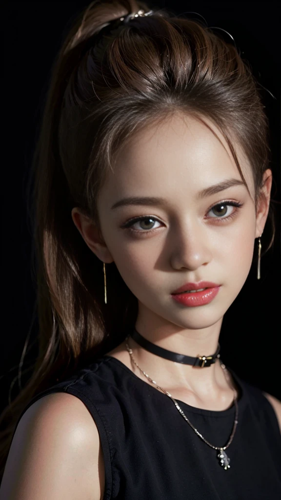 ((masterpiece:1.4)、(Highest quality:1.4)、(Realistic:1.7))、Masterpiece:1.4、Pretty Girl 0、pretty girl、Portrait Photography、Close-up photo、Upper body photo shoot、Beautiful expression、Resistance、Dark Background、Tight waist、ponytail、RAW Photos、Red lips、choker:1.4、necklace:1.4、Earrings:1.4、1 Screen Display