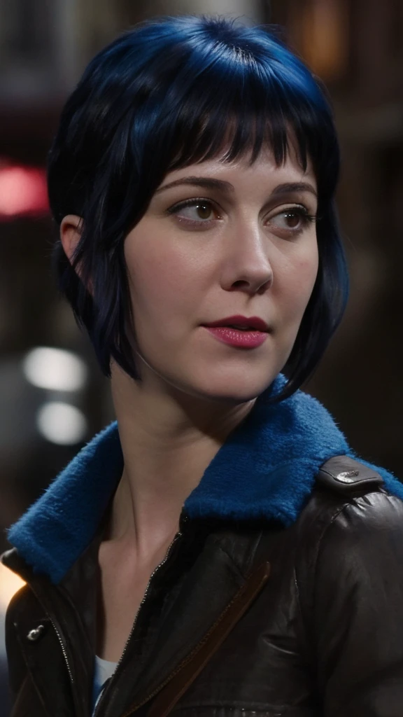 a picture of (ohwx woman:1.1), blue short bob hair,realistic, photorealistic, detailed skin, surface scattering, bokeh, skin pores,  city streets,wearing a jacket,outdoors, looking at viewer,detailed face,subtle smile