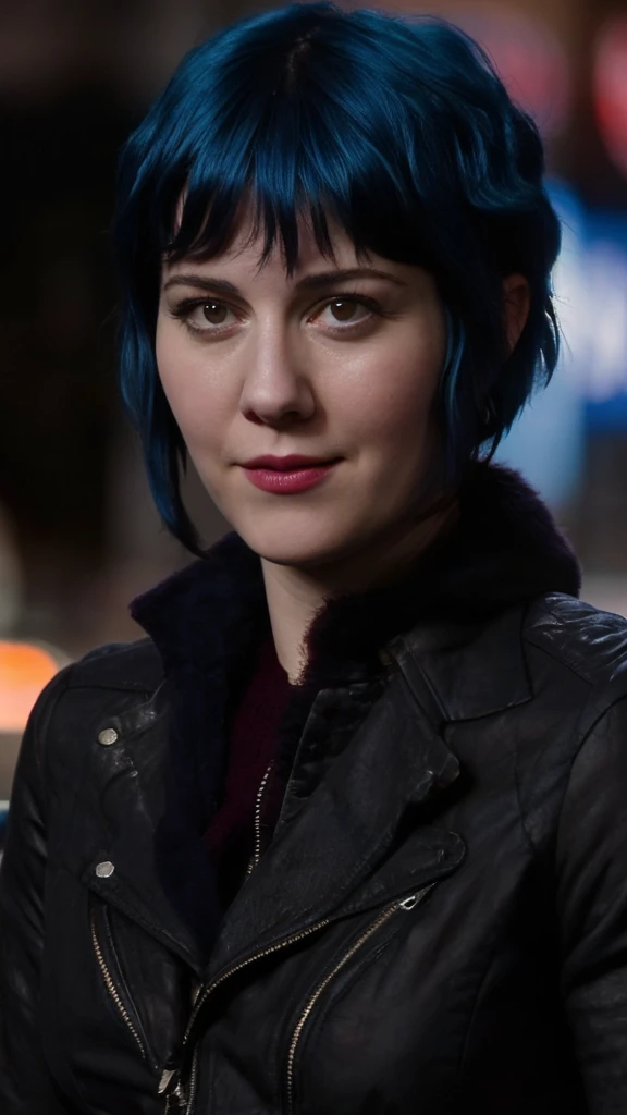 a picture of (ohwx woman:1.1), blue short bob hair,realistic, photorealistic, detailed skin, surface scattering, bokeh, skin pores,  city streets,wearing a jacket,outdoors, looking at viewer,detailed face,subtle smile