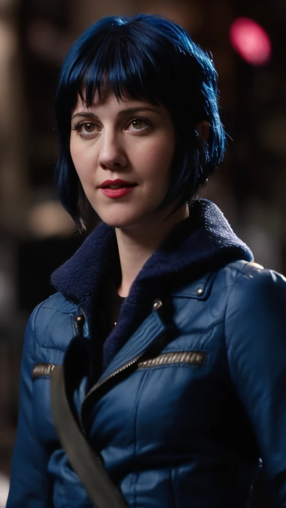 a picture of (ohwx woman:1.1), blue short bob hair,realistic, photorealistic, detailed skin, surface scattering, bokeh, skin pores,  city streets,wearing a jacket,outdoors, looking at viewer,detailed face,subtle smile