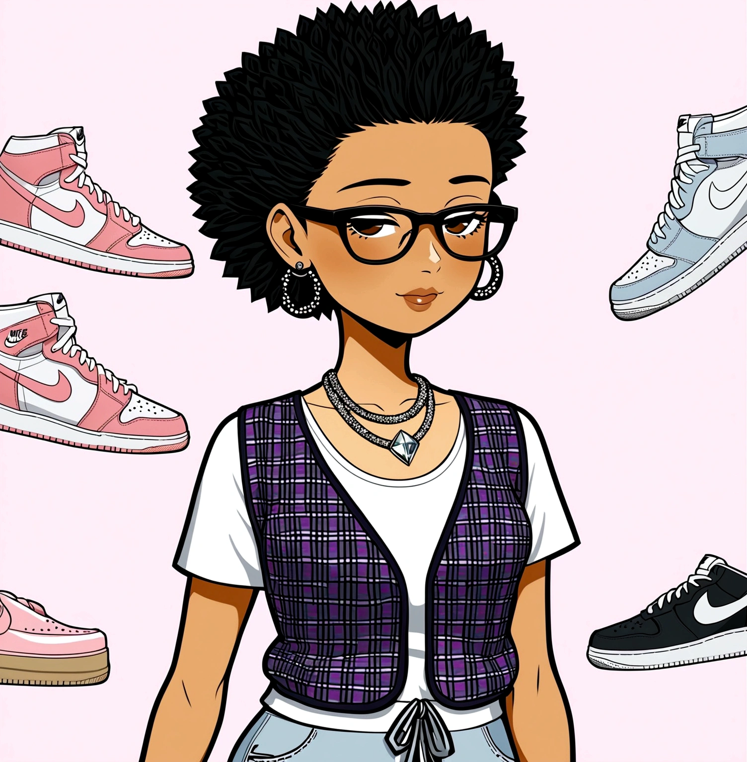 Crée une image de style cartoon représentant une adolescente très belle avec des cheveux de couleur blond et bouclés, portant des vêtements féminine, un collier de diamant, et des boucles d'oreilles en diamant et pourtant des chaussures nike