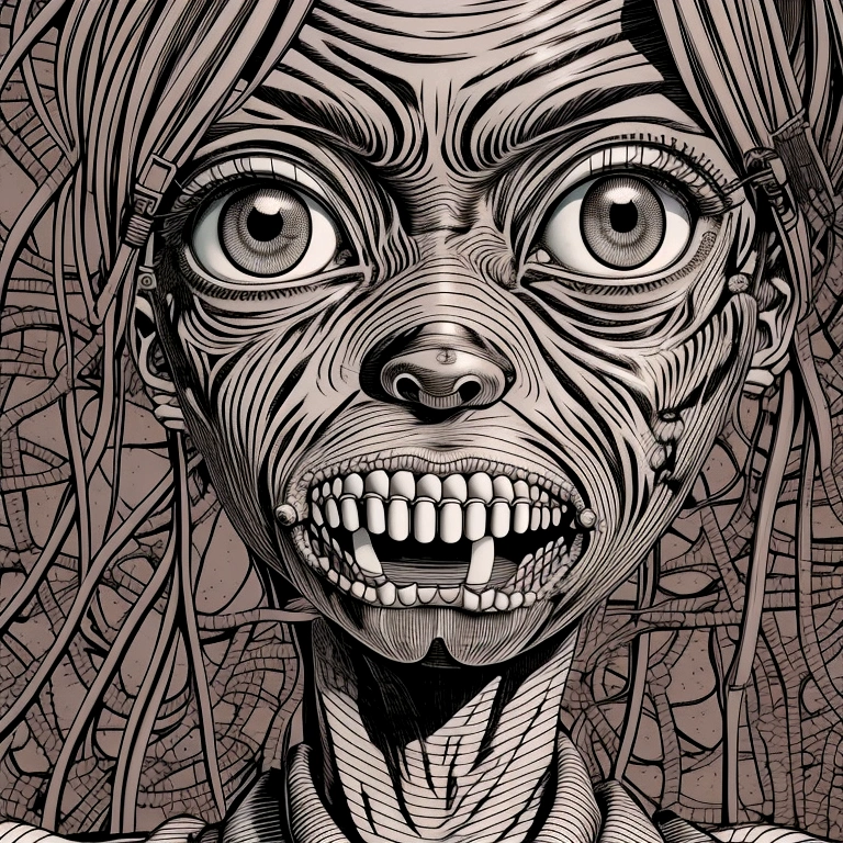 close-up, surreal, a shintaro kago, a school girl, horror anime, horror manga, Surrealism etc