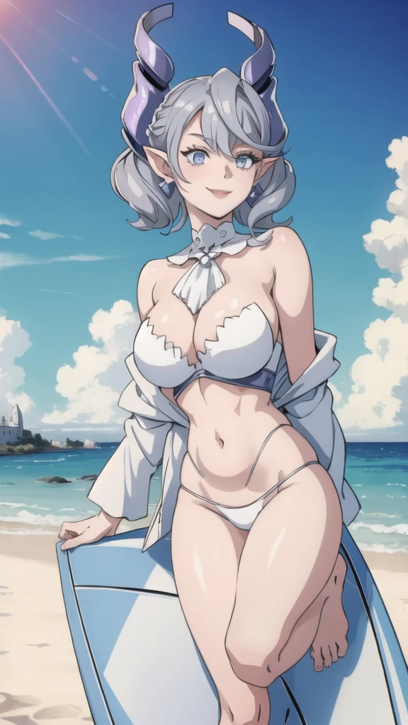 Beautiful arts wallpaper Sunset Outside castle top High level image quality best image quality 8K adult woman silver castle outside more colors whole body view portrait wearing pure white bikini naked horn ears short hair((shortcut)(gray hair)(perm)(fluffy)) eye color is blue , , attractive evil face , smile , beach , labrynth , , barefoot , riding crossed legs on surfer , riding fast ocean
