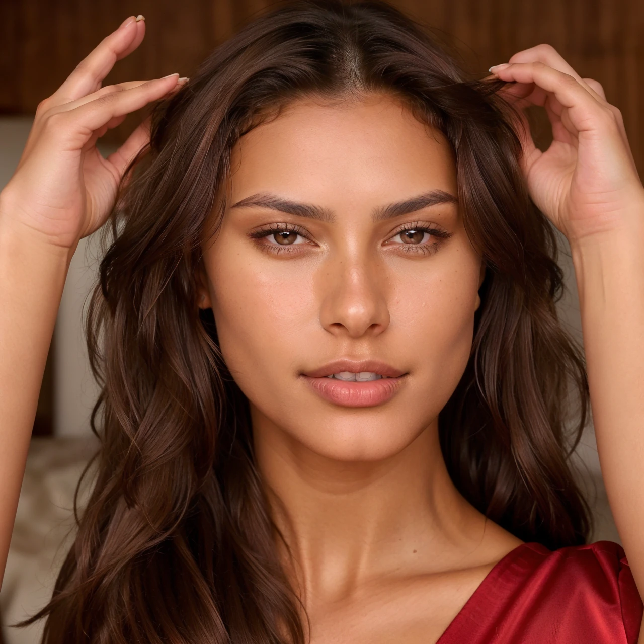 (Jewellry), very warm colors, tan skin, beautiful brunette, (high detailed face), (high detailed skin texture), (high detailed hair), (high detailed eyes), brown eyes, (long straigh dark hair), 1 girl, 20 years old, brown skin, face thin nose, photography, ultra-realistic, 8k, ((very sexy outfit)) , perfect teeth, fit girl, bottom-up view, shiny hair, ((perfect hands)), (in room), (sexy red outfit), ((from infront))