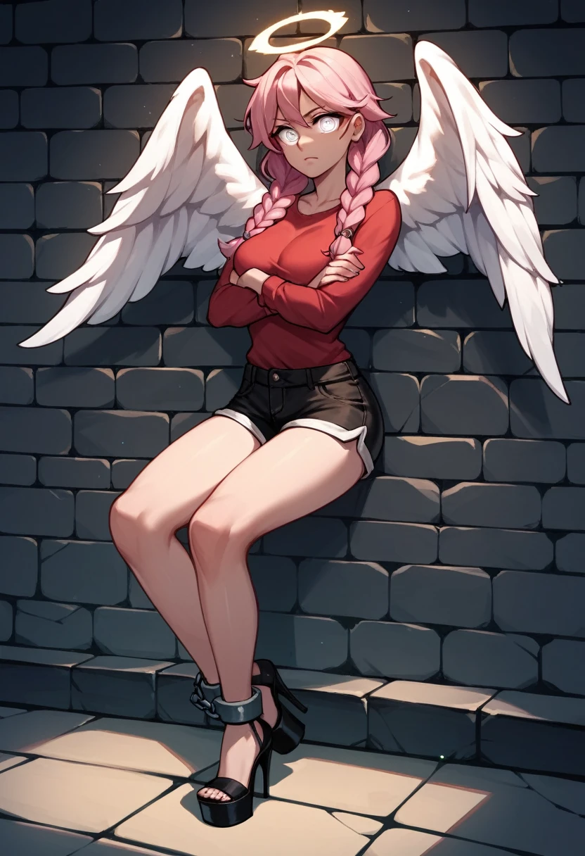 score_9, score_8_up, score_7_up, score_6_up, score_5_up, score_4_up, source_anime, 1girl, worth, a confused face , pink hair, braids, white eyes, w-w-chain, shackles, crossed arms, loose hair, red shirt, shorts , angel wings, black high heels, platform, sexy pose,bück dich, night , dungeon, best quality, best res, 4K UHD,