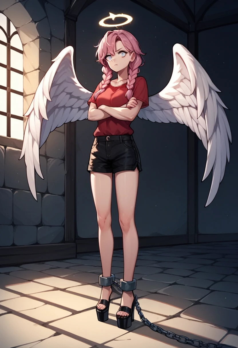 score_9, score_8_up, score_7_up, score_6_up, score_5_up, score_4_up, source_anime, 1girl, worth, a confused face , pink hair, braids, white eyes, w-w-chain, shackles, crossed arms, loose hair, red shirt, shorts , angel wings, black high heels, platform, sexy pose,bück dich, night , dungeon, best quality, best res, 4K UHD,
