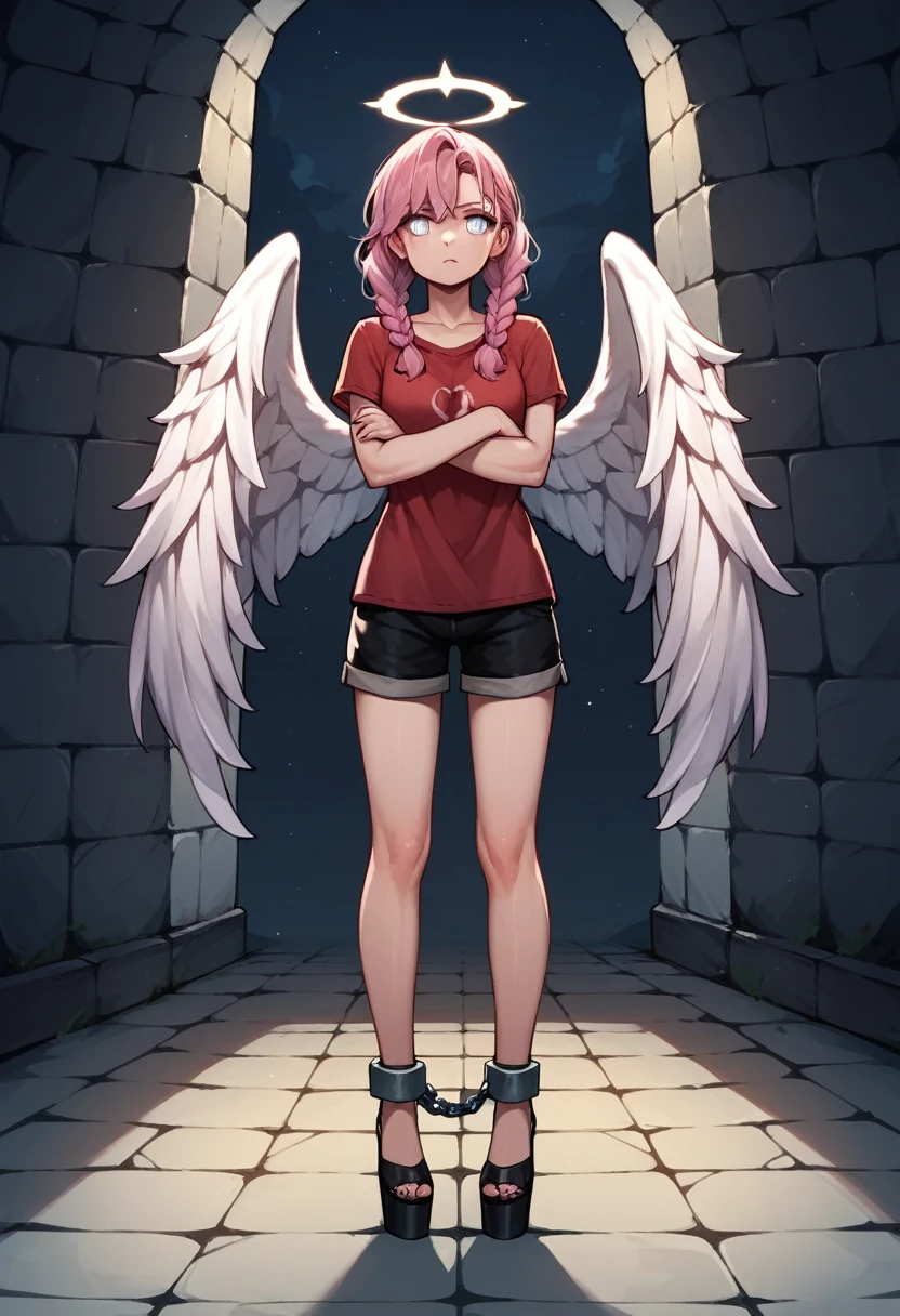 score_9, score_8_up, score_7_up, score_6_up, score_5_up, score_4_up, source_anime, 1girl, worth, a confused face , pink hair, braids, white eyes, w-w-chain, shackles, crossed arms, loose hair, red shirt, shorts , angel wings, black high heels, platform, sexy pose,bück dich, night , dungeon, best quality, best res, 4K UHD,
 