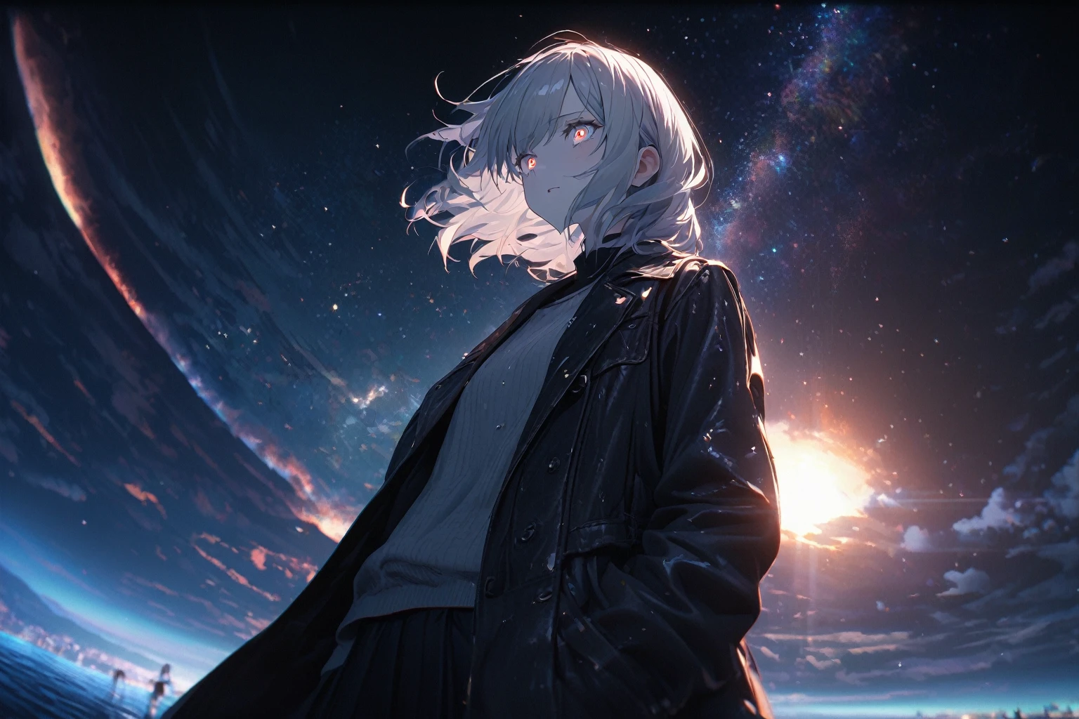 Starry Sky, After the Rain, horizon, In the sky,Lens flare, colorful,coat,Put your hands in your pockets,(student, 18-year-old, JK, Her short silver hair sways, Space-colored eyes, Pale skin, Tired face、Lack of eye sparkle) Look up at the sky, Beautiful sky, There is an ocean、The scenery is beautiful., 広いLook up at the sky, I see the wind blowing and shining, In the skyは正午の月と正午の星がある,From below, break ,quality(8K,非常に精細なCGユニットのwallpaper, masterpiece,High resolution,top-quality,top-quality real texture skin,Surreal,Increase the resolution,RAW Photos,最高quality,Very detailed,wallpaper,Cinema Lighting,Ray Tracing,Golden Ratio),Have a long-term perspective